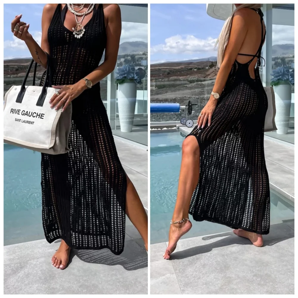 White Openwork Slit Cutout Wide Strap Dress - Picture 15 of 15